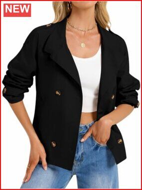 Womens Cropped Trench Coat Double Breasted Funnel Neck Belted Jacket